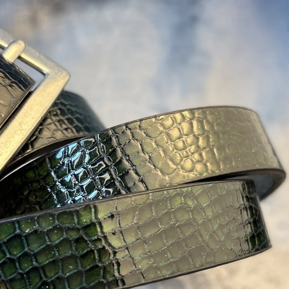 Silver Green Leather‎ Belt Reversible Snakeskin Embossed Reptile M NWT - Picture 9 of 16
